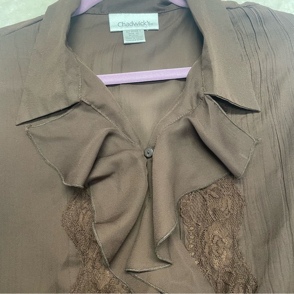 Chadwick’s women’s brown chiffon ruffle lace blouse boho witchy size 12 - Picture 7 of 8